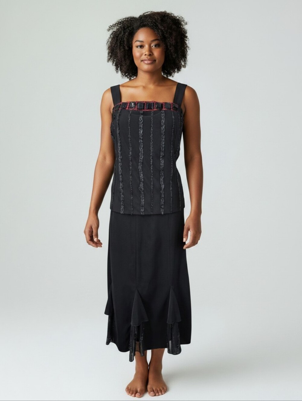 Y2K Whimsigoth Black Red Ruffled Hem Skirt & Matching Top Mesh Lace Vampy